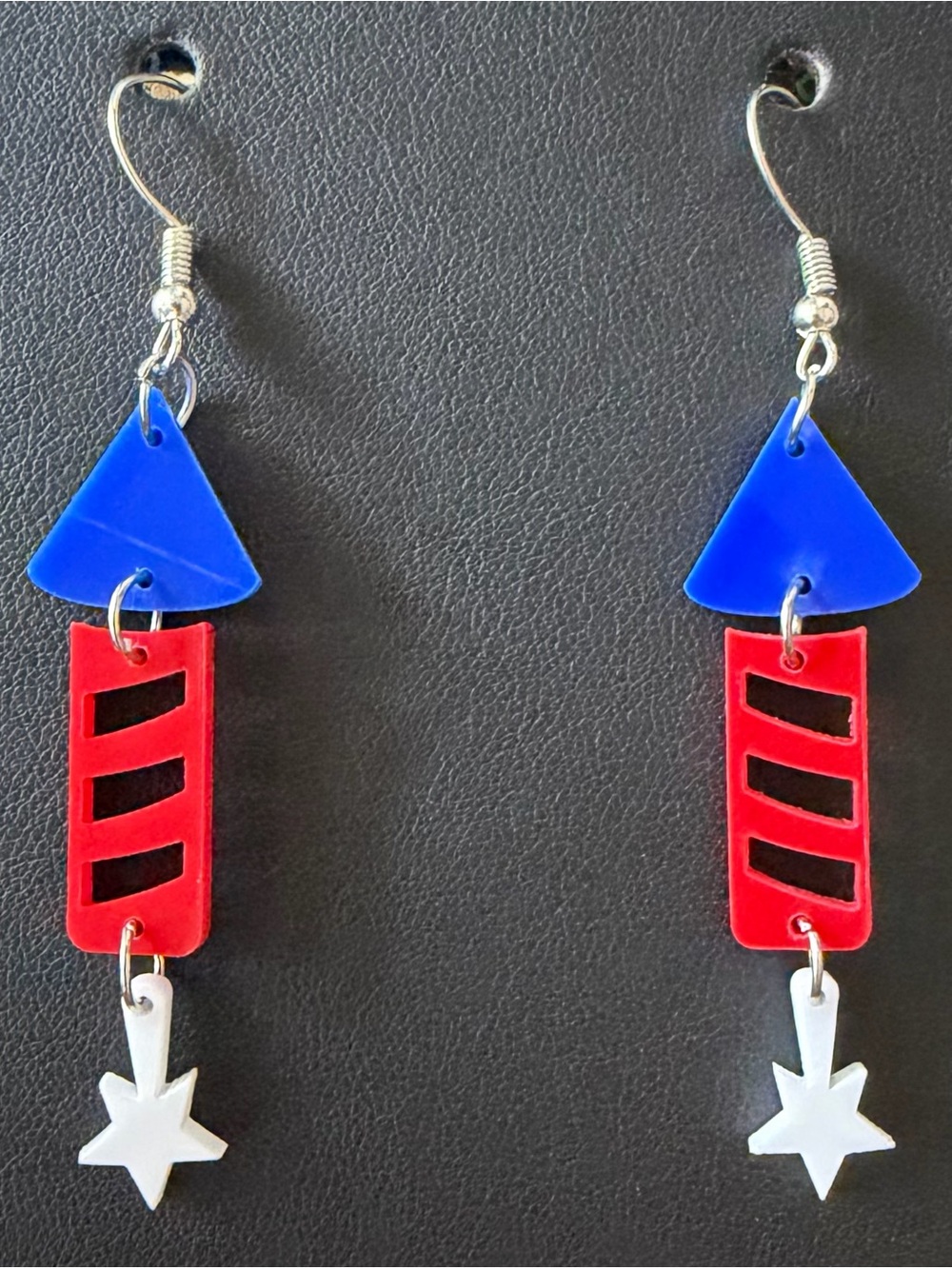 Acrylic Red White & Blue 4th of July Independence Day Rocket Fireworks Earrings